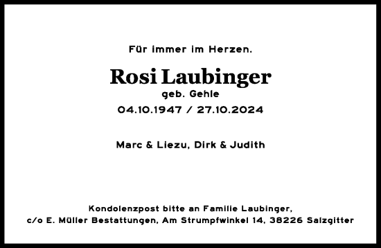 Traueranzeige von Rosi Laubinger von Peiner Allgemeine Zeitung