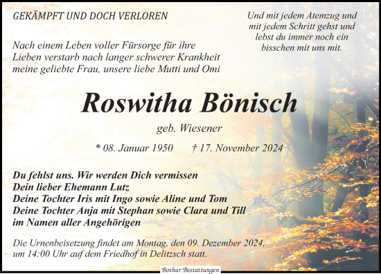 Traueranzeige von Roswitha Bönisch von Leipziger Volkszeitung