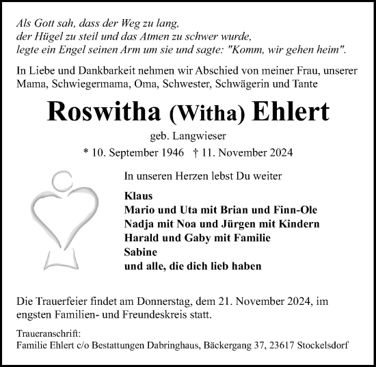 Traueranzeige von Roswitha Ehlert von Lübecker Nachrichten