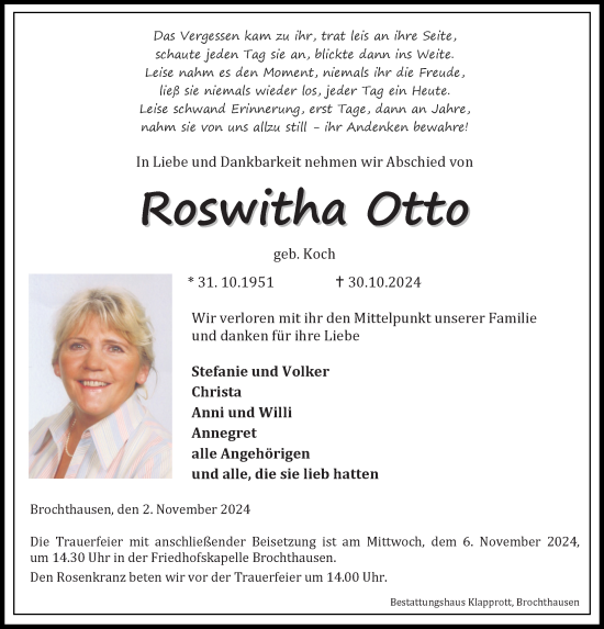 Traueranzeige von Roswitha Otto von Eichsfelder Tageblatt