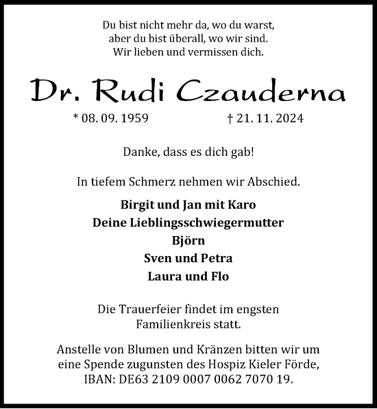 Traueranzeige von Rudi Czauderna von Kieler Nachrichten