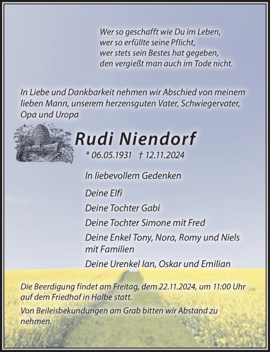 Traueranzeige von Rudi Niendorf von Märkischen Allgemeine Zeitung