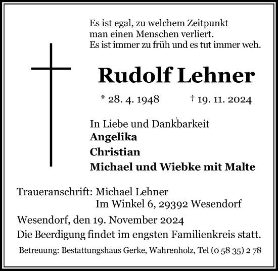 Traueranzeige von Rudolf Lehner von Aller Zeitung