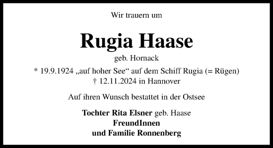 Traueranzeige von Rugia Haase von Hannoversche Allgemeine Zeitung/Neue Presse