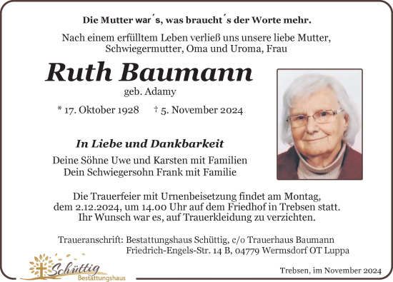 Traueranzeige von Ruth Baumann von Leipziger Volkszeitung