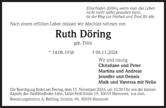 Traueranzeige von Ruth Döring von Hannoversche Allgemeine Zeitung/Neue Presse