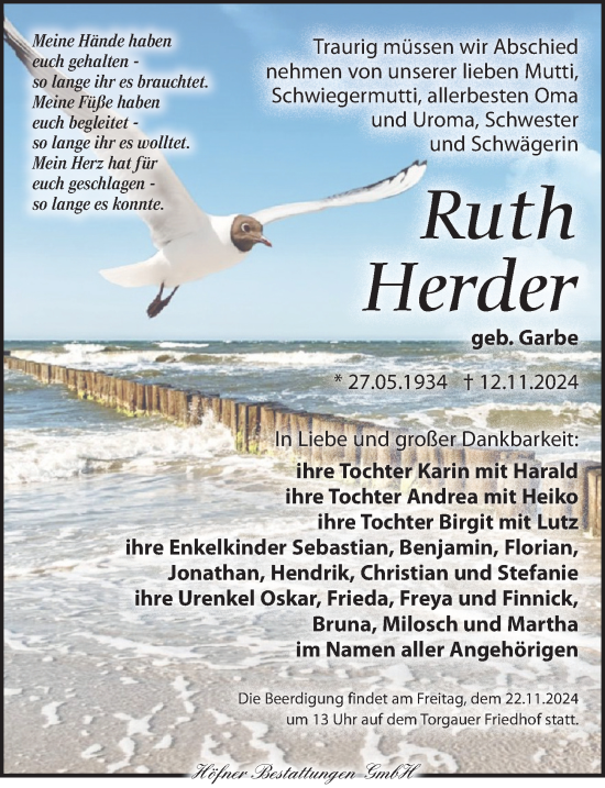 Traueranzeige von Ruth Herder von Torgauer Zeitung