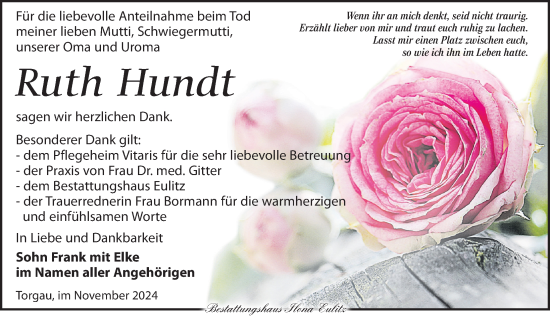 Traueranzeige von Ruth Hundt von Torgauer Zeitung