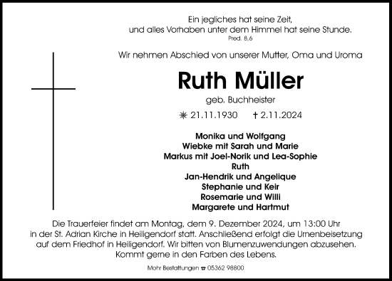 Traueranzeige von Ruth Müller von Aller Zeitung