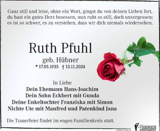 Traueranzeige von Ruth Pfuhl von Torgauer Zeitung