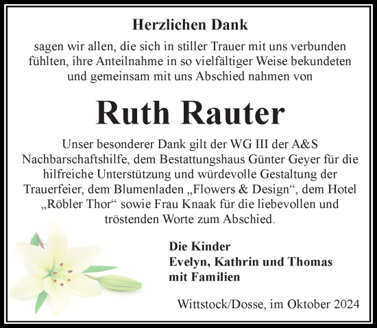 Traueranzeige von Ruth Rauter von Wochenspiegel