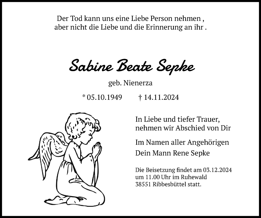  Traueranzeige für Sabine Beate Sepke vom 27.11.2024 aus Peiner Allgemeine Zeitung