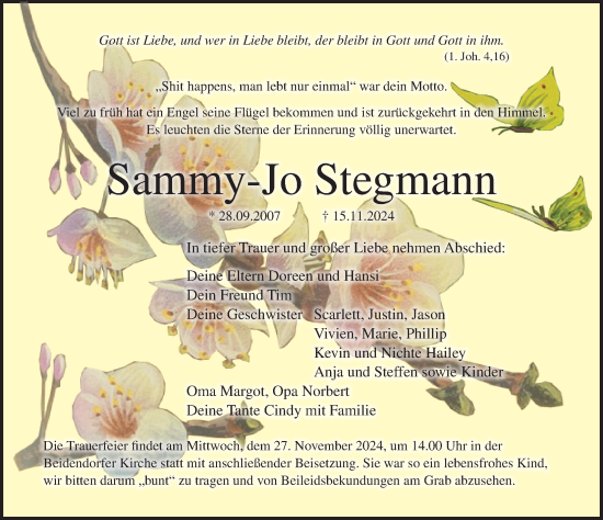 Traueranzeige von Sammy-Jo Stegmann von Ostsee-Zeitung GmbH