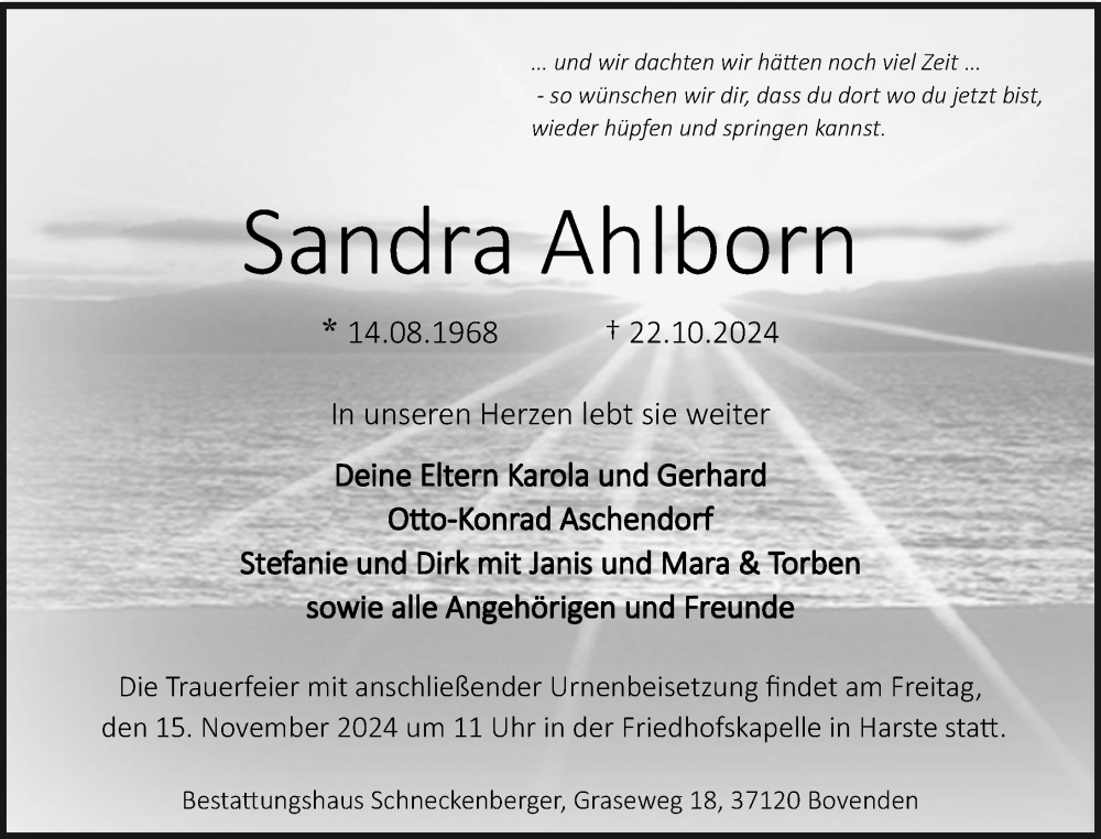  Traueranzeige für Sandra Ahlborn vom 02.11.2024 aus Göttinger Tageblatt