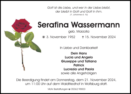 Traueranzeige von Serafina Wassermann von Aller Zeitung