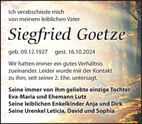 Traueranzeige von Siegfried Goetze von Torgauer Zeitung