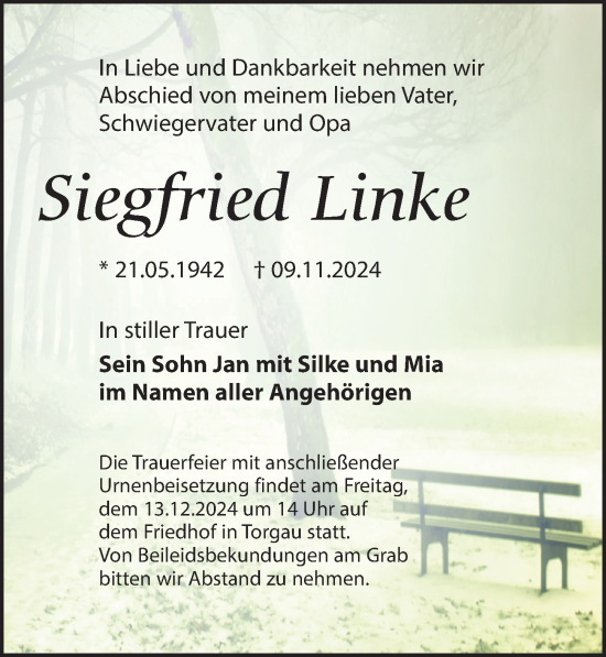 Traueranzeige von Siegfried Linke von Torgauer Zeitung