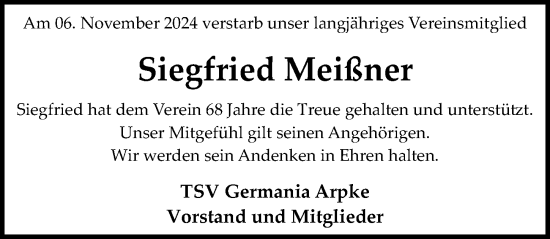 Traueranzeige von Siegfried Meißner von Hannoversche Allgemeine Zeitung/Neue Presse