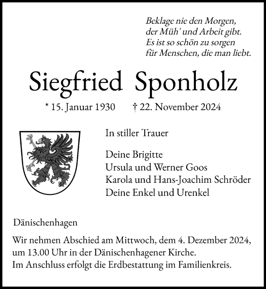 Traueranzeige von Siegfried Sponholz von Kieler Nachrichten