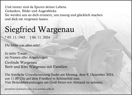 Traueranzeige von Siegfried Wargenau von Märkischen Allgemeine Zeitung