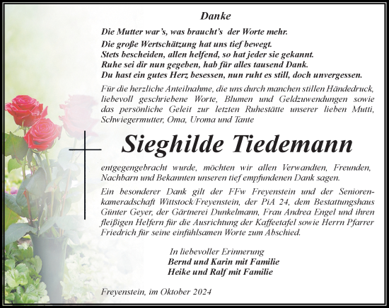 Traueranzeige von Sieghilde Tiedemann von Wochenspiegel