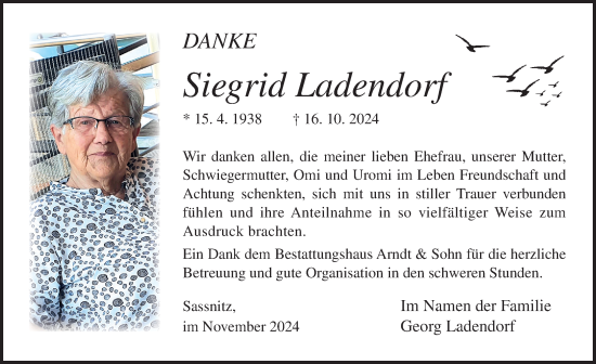 Traueranzeige von Siegrid Ladendorf von Ostsee-Zeitung GmbH