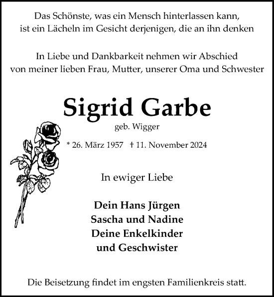 Traueranzeige von Sigrid Garbe von Lübecker Nachrichten