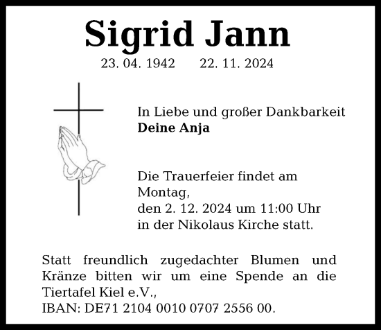 Traueranzeige von Sigrid Jann von Kieler Nachrichten