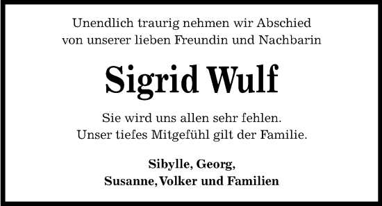 Traueranzeige von Sigrid Wulf von Kieler Nachrichten