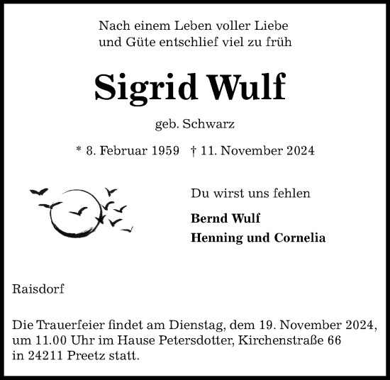 Traueranzeige von Sigrid Wulf von Kieler Nachrichten