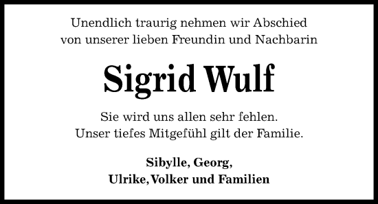 Traueranzeige von Sigrid Wulf von Kieler Nachrichten