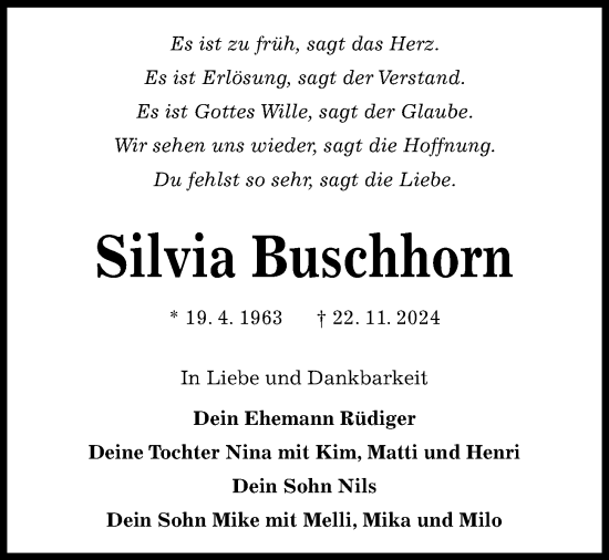 Traueranzeige von Silvia Buschhorn von Kieler Nachrichten