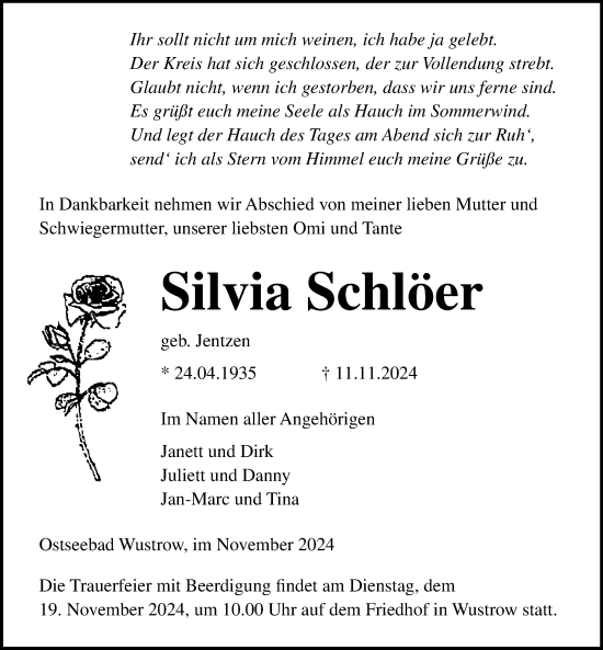 Traueranzeige von Silvia Schlöer von Ostsee-Zeitung GmbH