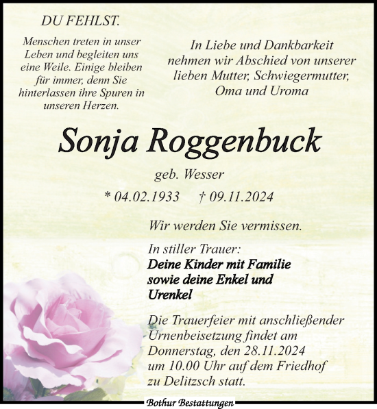 Traueranzeige von Sonja Roggenbuck von Leipziger Volkszeitung