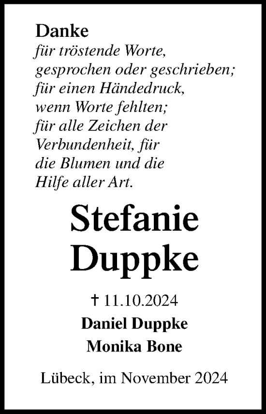 Traueranzeige von Stefanie Duppke von Lübecker Nachrichten