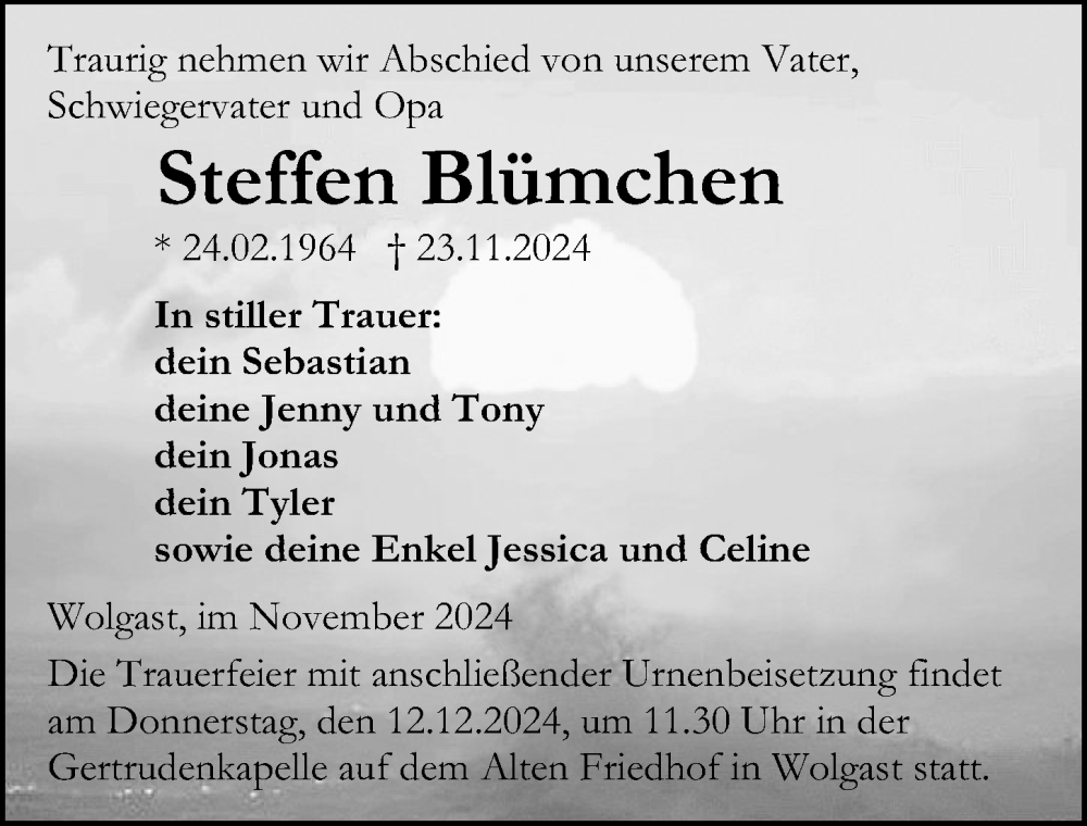  Traueranzeige für Steffen Blümchen vom 30.11.2024 aus Ostsee-Zeitung GmbH