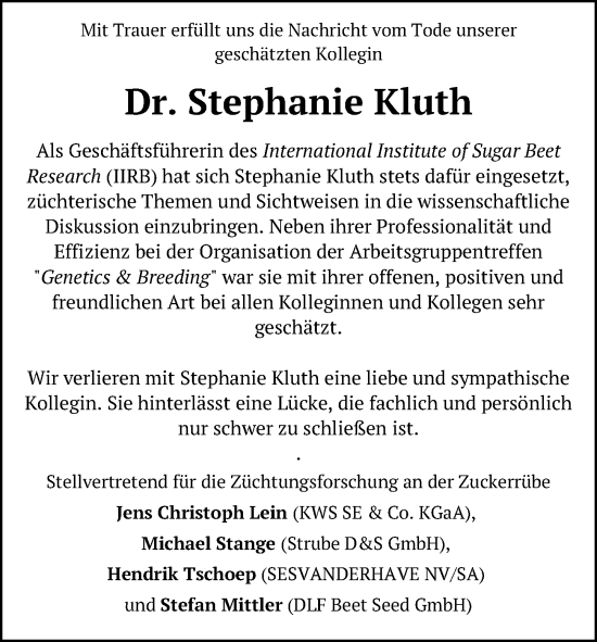 Traueranzeige von Stephanie Kluth von Göttinger Tageblatt