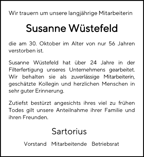 Traueranzeige von Susanne Wüstefeld von Göttinger Tageblatt