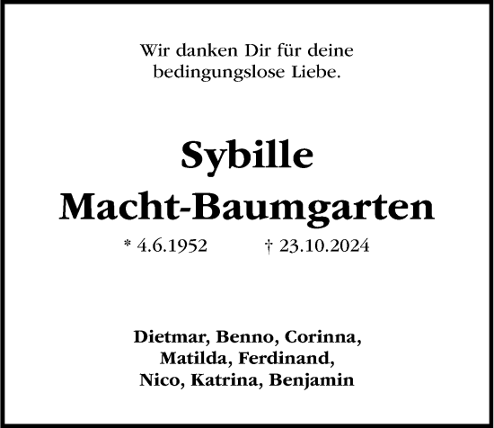 Traueranzeige von Sybille Macht-Baumgarten von Kieler Nachrichten