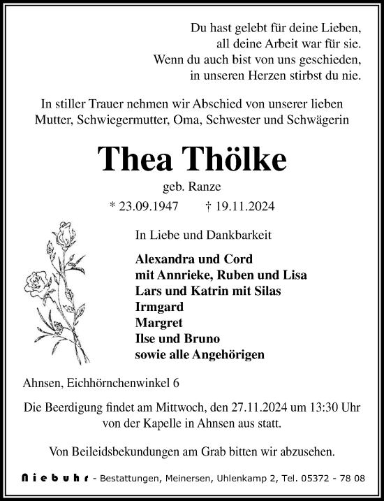 Traueranzeige von Thea Thölke von Aller Zeitung