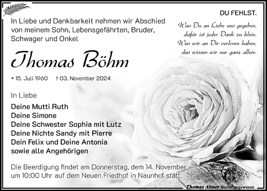 Traueranzeige von Thomas Böhm von Leipziger Volkszeitung