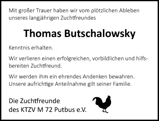 Traueranzeige von Thomas Butschalowsky von Ostsee-Zeitung GmbH