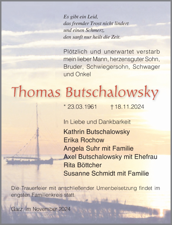 Traueranzeige von Thomas Butschalowsky von Ostsee-Zeitung GmbH