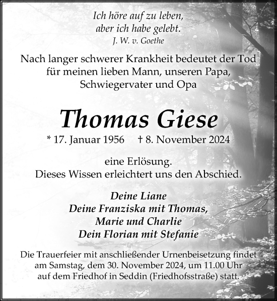 Traueranzeige von Thomas Giese von Märkischen Allgemeine Zeitung