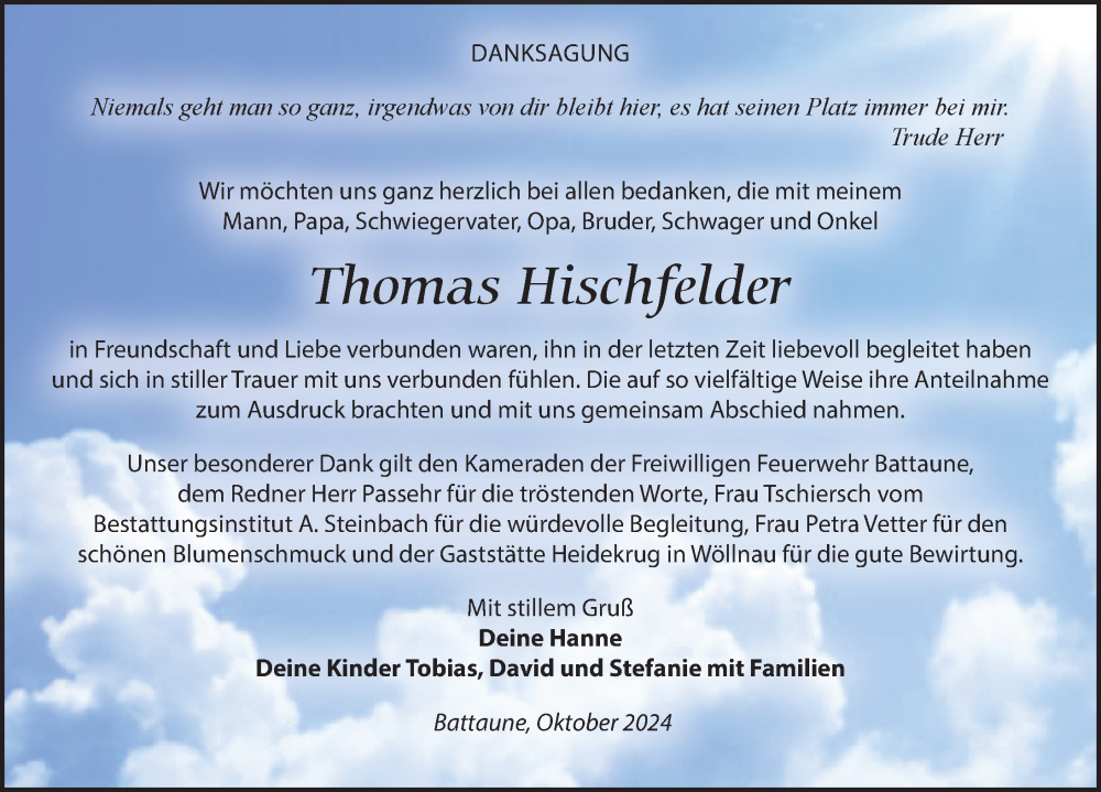  Traueranzeige für Thomas Hischfelder vom 02.11.2024 aus Leipziger Volkszeitung