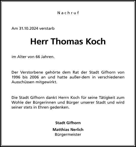 Traueranzeige von Thomas Koch von Aller Zeitung