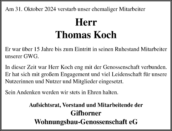 Traueranzeige von Thomas Koch von Aller Zeitung