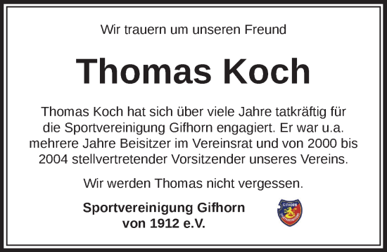 Traueranzeige von Thomas Koch von Aller Zeitung