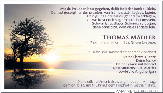 Traueranzeige von Thomas Mädler von Leipziger Volkszeitung