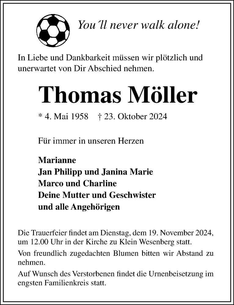  Traueranzeige für Thomas Möller vom 10.11.2024 aus Lübecker Nachrichten